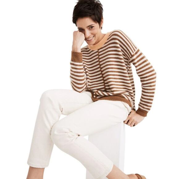 Madewell Stripe Play Smithe Pullover Sweater Brown Cream Long Sleeves Size M - Picture 1 of 7